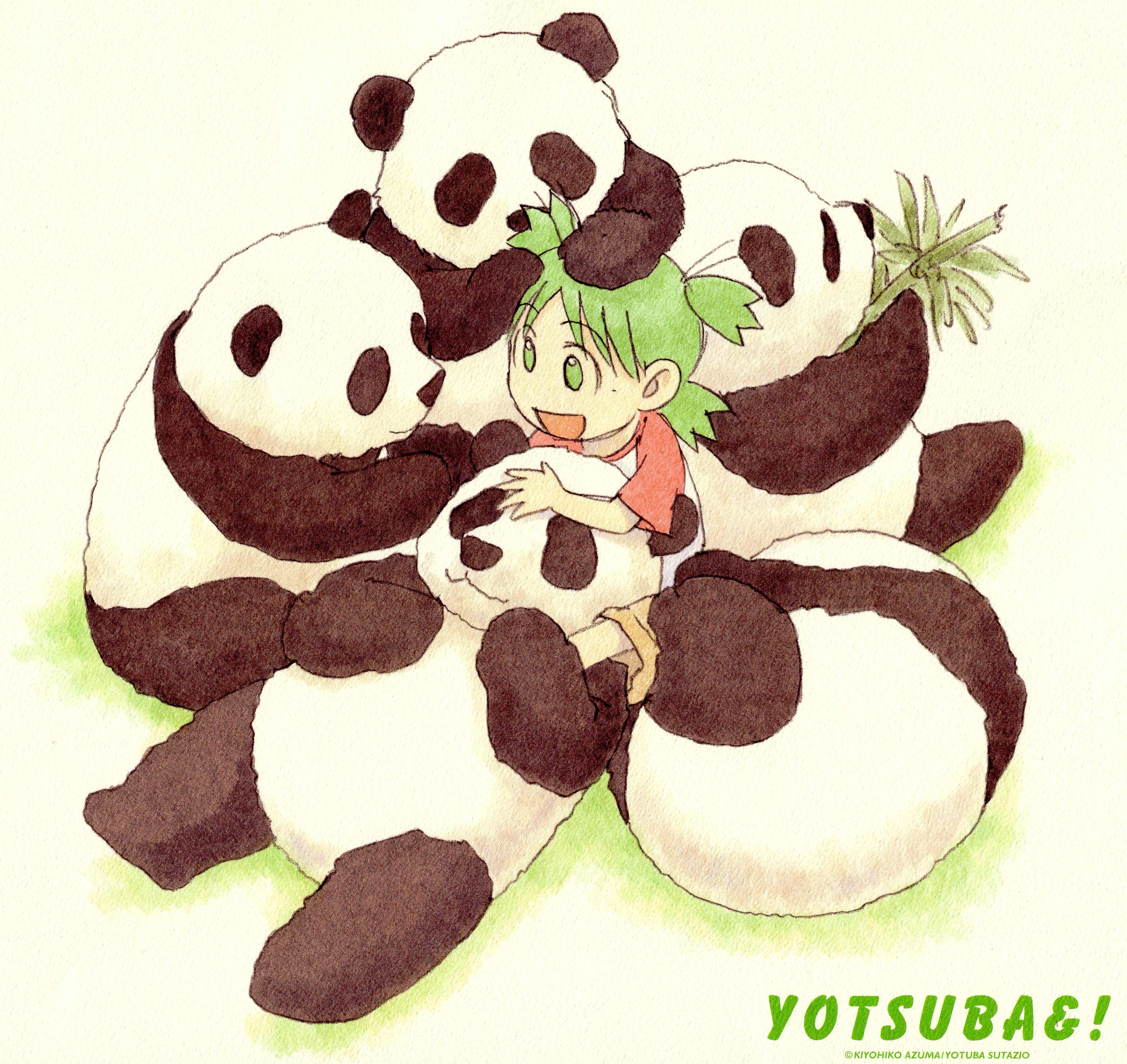 azuma kiyohiko, koiwai yotsuba, yotsubato!, absurdres, highres, scan, 1girl, animal, child, copyright name, eating, green eyes, green hair, hand on another's head, matching hair/eyes, panda, sitting