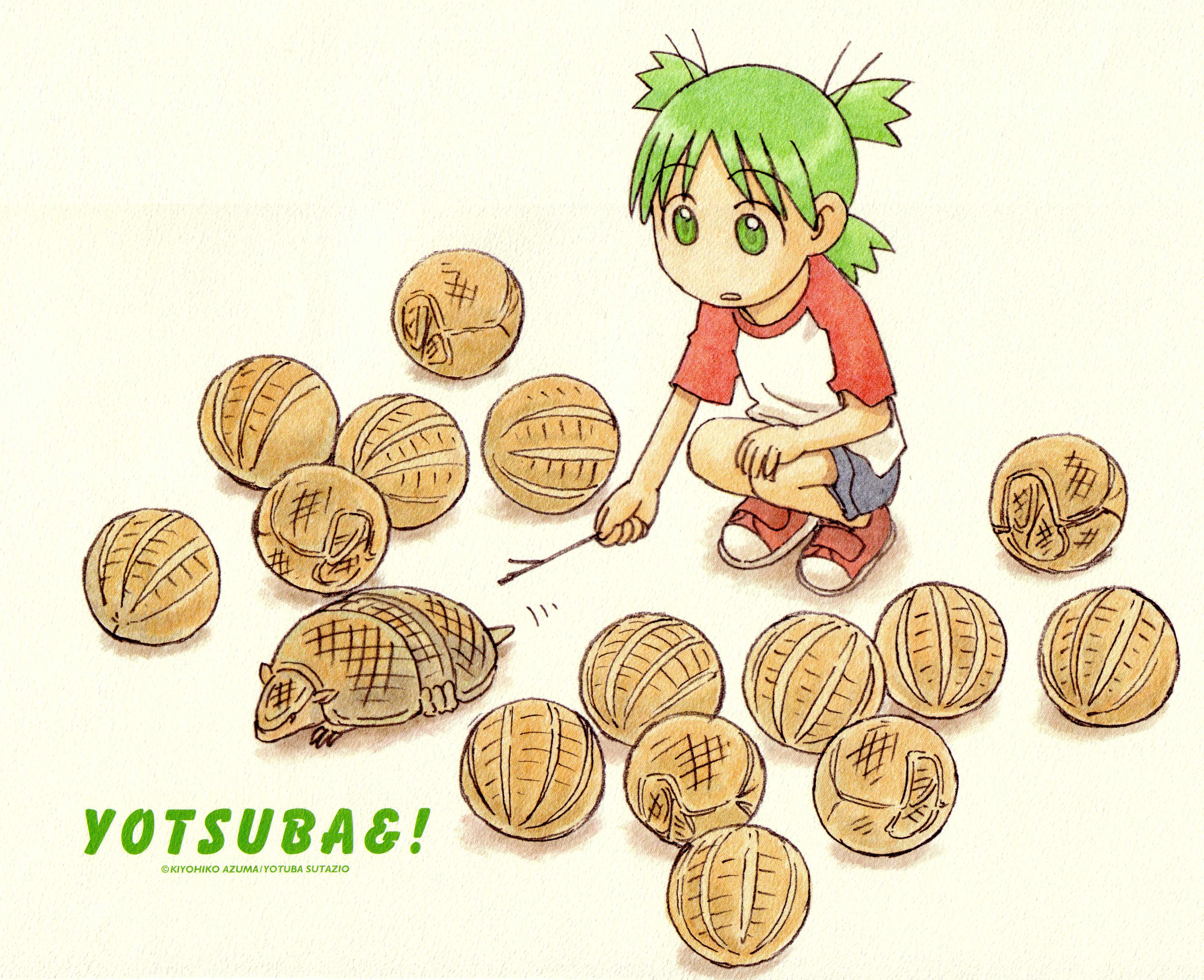 azuma kiyohiko, koiwai yotsuba, yotsubato!, absurdres, highres, scan, armadillo, child, copyright name, green eyes, green hair, quad tails, raglan sleeves, shorts, squatting, stick
