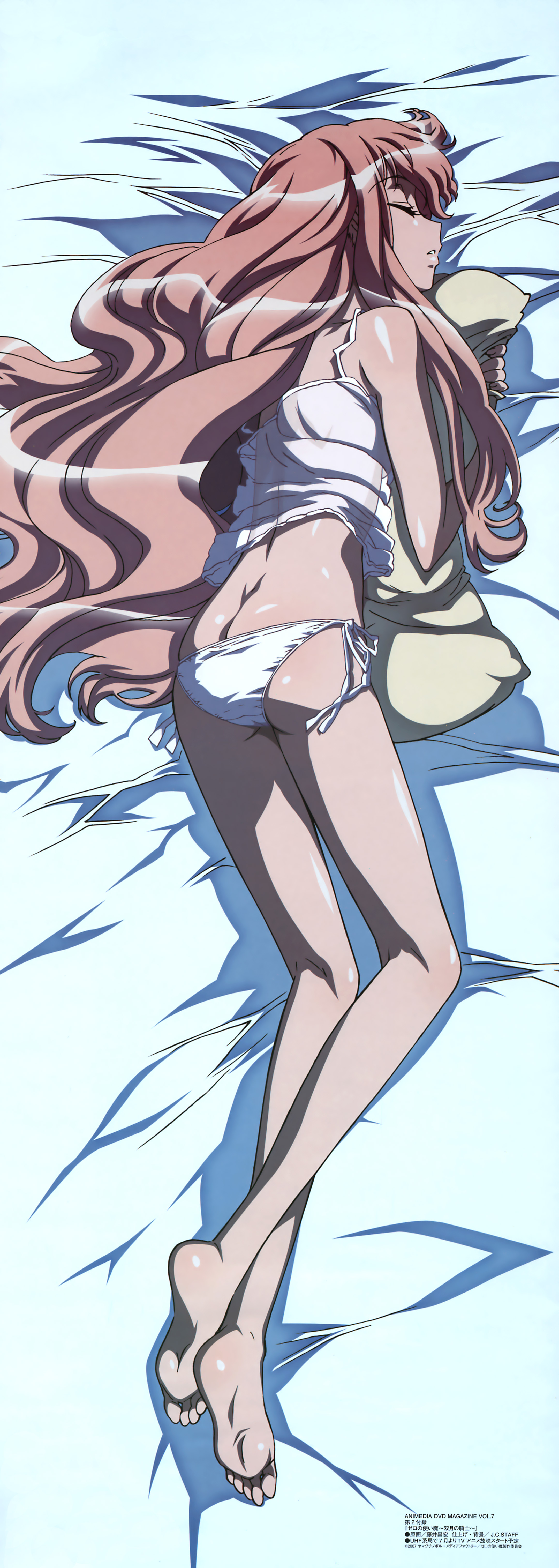 fujii masahiro, louise francoise le blanc de la valliere, zero no tsukaima, absurdres, artist request, highres, long image, official art, tall image, 00s, 1girl, barefoot, butt crack, camisole, closed eyes, feet, female focus, hugging object, kneepits, long hair, long legs, panties, pillow, pillow hug, pink eyes, pink hair, pinup (style), see-through clothes, side-tie panties, sleeping, soles, solo, toes, underwear, underwear only, very long hair