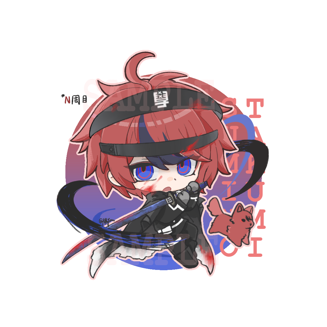 sumino takumi, the hundred line -last defense academy-, variant set, 1boy, ahoge, animalization, attack trail, baby animal, black cape, black pants, black streaks, blood, blood on clothes, blood on face, blue background, blue eyes, cape, character name, chibi, chibi only, dog, eyeliner, gloves, grey gloves, headgear, holding, holding sword, holding weapon, last defense academy school uniform, looking at viewer, makeup, male focus, multicolored hair, pants, person and animalization, puppy, red background, red eyeliner, red hair, sample watermark, school uniform, short hair, simple background, solo, streaked hair, sword, three-toned background, watermark, weapon, white background, yinfish798