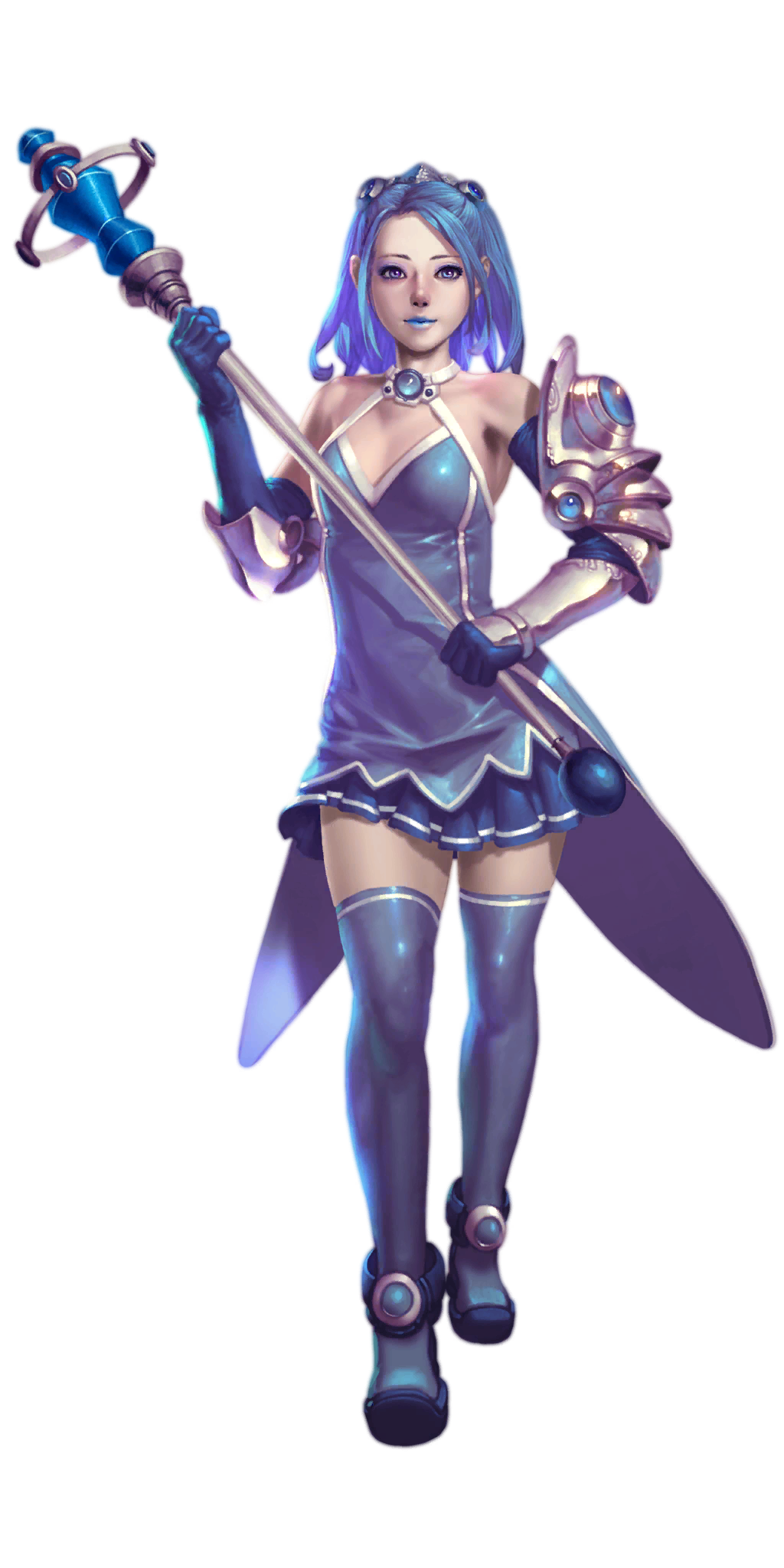 crystal maiden (series), artist request, bad source, game cg, highres, official art, source request, variant set, 1girl, armor, armpits, bare shoulders, blue dress, blue eyes, blue hair, blue lips, breasts, coral (crystal maidens), detached sleeves, dress, full body, holding, holding staff, pantyhose, short hair, skirt, solo, staff, transparent background