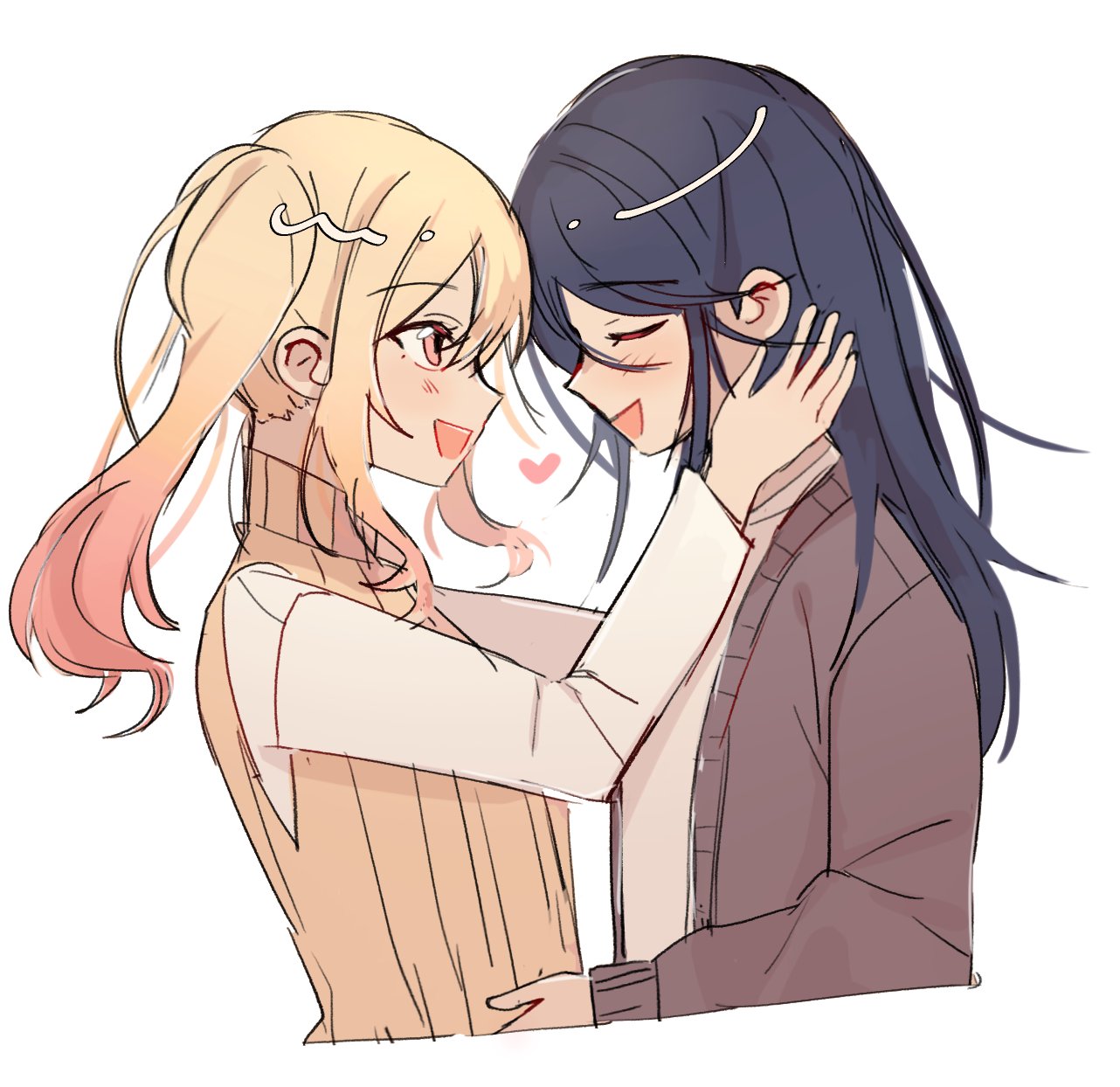 patchxwork, hoshino ichika (project sekai), tenma saki, project sekai, commentary, english commentary, highres, 2girls, blonde hair, blush, cardigan, closed eyes, facing another, gradient hair, hands up, heart, long hair, long sleeves, looking at another, multicolored hair, multiple girls, open mouth, pink eyes, pink hair, simple background, teeth, twintails, two-tone hair, upper body, upper teeth only, white background, yuri