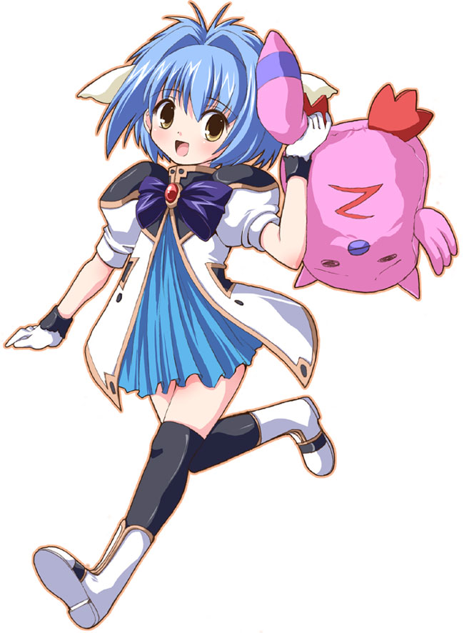 shinshin, mint blancmanche, normad, galaxy angel, 00s, 1girl, animal ears, blue hair, blue skirt, boots, cat ears, cat tail, doll, female focus, gloves, holding, holding another's tail, holding with tail, kneehighs, prehensile tail, running, short hair, skirt, socks, solo, stuffed animal, stuffed toy, tail, tail grab, thighhighs, yellow eyes
