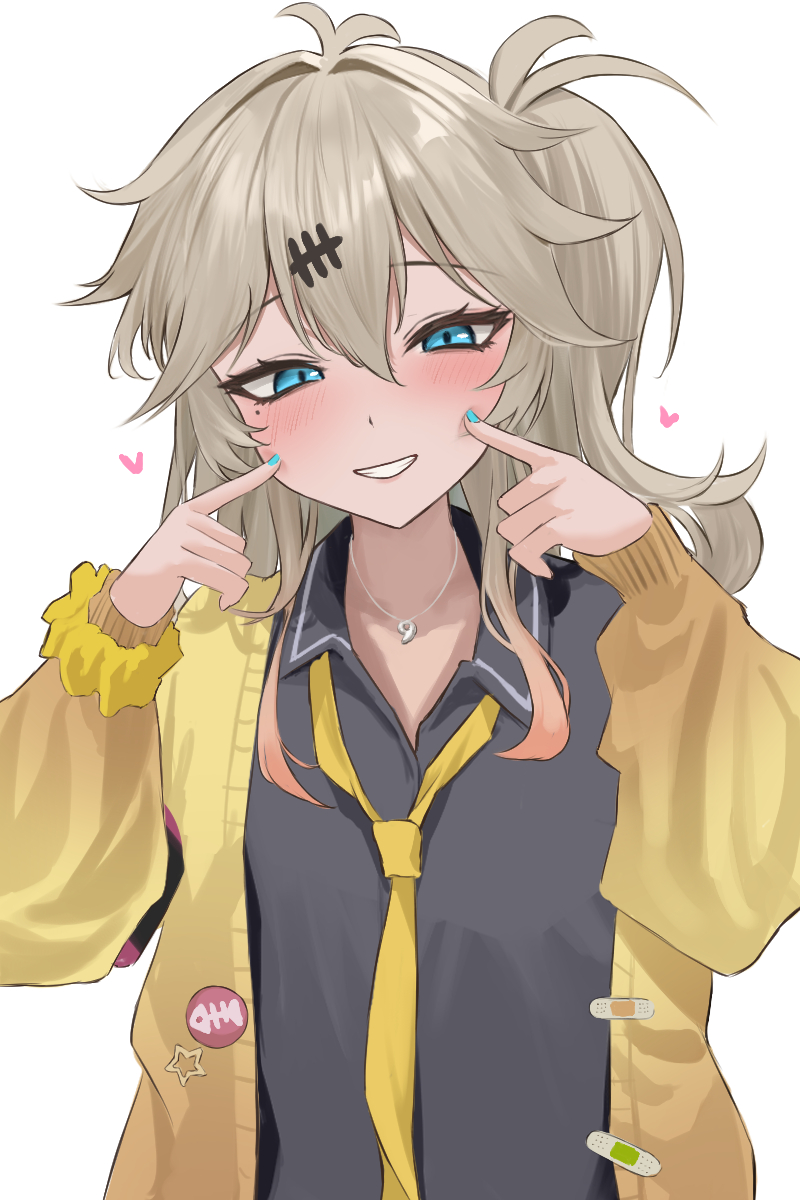 eru aise, kasukabe tsumugi, voicevox, highres, 1girl, blonde hair, blue eyes, cheek poking, grin, gyaru, jewelry, kogal, long hair, magatama, magatama necklace, mole, mole under eye, nail polish, necklace, necktie, one side up, poking, scrunchie, smile, solo, white background, wrist scrunchie