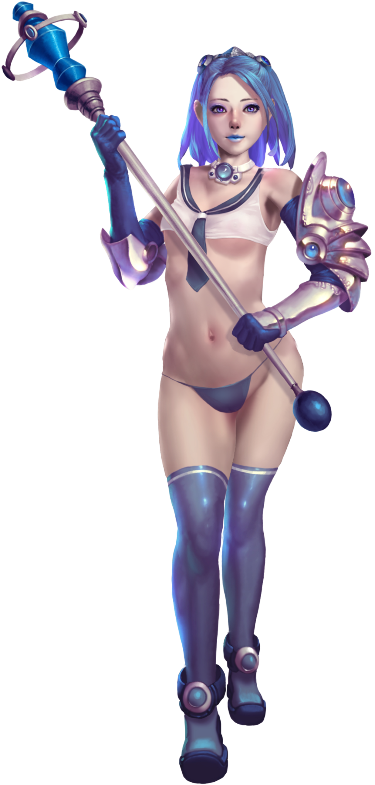 crystal maiden (series), absurdres, artist request, game cg, highres, official art, variant set, 1girl, armor, armpits, bare shoulders, blue eyes, blue hair, blue lips, blue panties, breasts, coral (crystal maidens), detached sleeves, full body, groin, holding, holding staff, panties, pantyhose, revealing clothes, school uniform, serafuku, short hair, solo, staff, transparent background, underboob, underwear