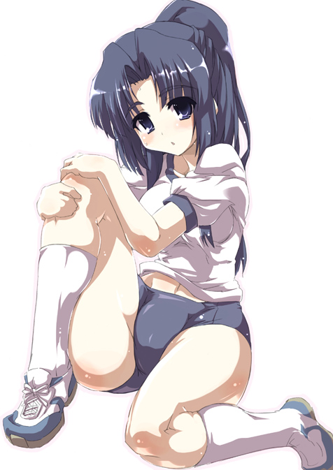 tokyo (great akuta), asakura ryoko, suzumiya haruhi no yuuutsu, 00s, 1girl, blue eyes, blue hair, buruma, female focus, gym uniform, long hair, matching hair/eyes, ponytail, solo
