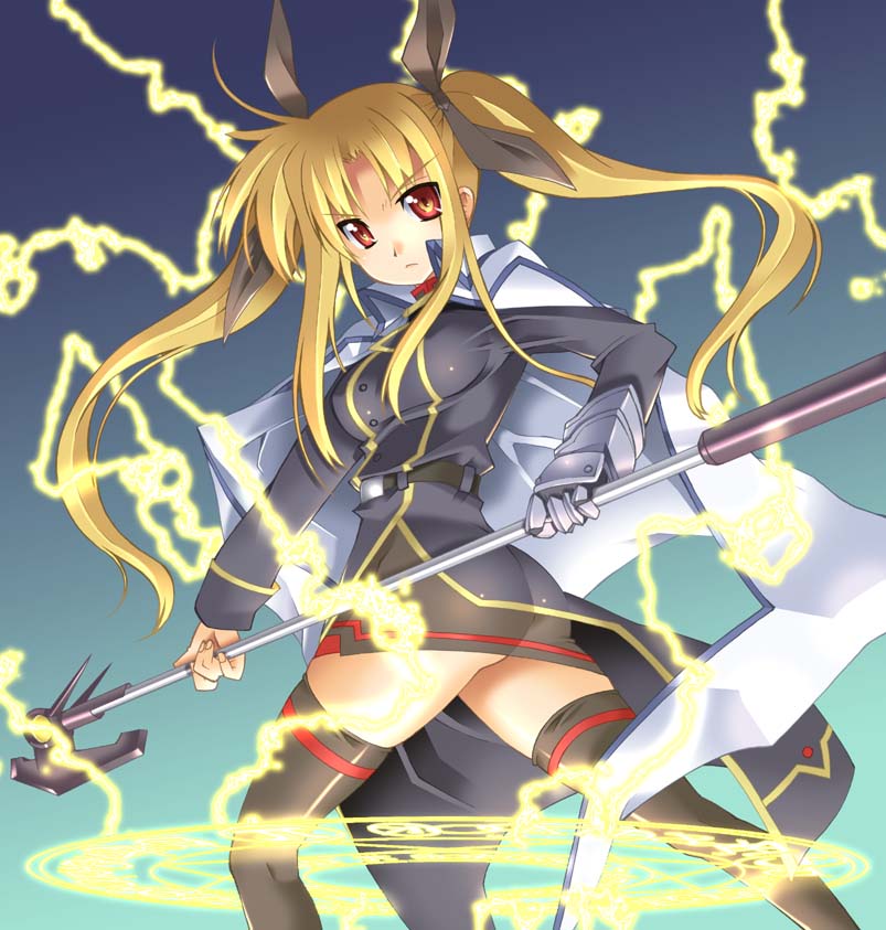 fate testarossa, lyrical nanoha, mahou shoujo lyrical nanoha, 00s, bow, cape, lightning, staff, thighhighs, weapon