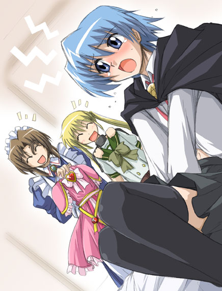 bioroid hei, tanaka rie, ayasaki hayate, kugimiya rie, louise francoise le blanc de la valliere, maria (hayate no gotoku!), sanzen'in nagi, shiny luminous, futari wa precure, futari wa precure max heart, hayate no gotoku!, precure, shakugan no shana, zero no tsukaima, 1boy, 2girls, blush, brooch, cosplay, crossdressing, dutch angle, heart, heart brooch, jewelry, louise francoise le blanc de la valliere (cosplay), multiple girls, shiny luminous (cosplay), thighhighs, voice actor connection