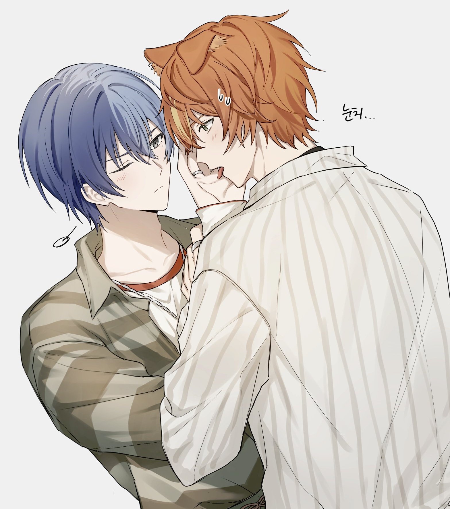 yangaengso, aoyagi touya, shinonome akito, project sekai, highres, translation request, 2boys, animal ears, blue hair, blush, closed mouth, collared shirt, dog ears, grey background, holding another's wrist, jewelry, korean text, long sleeves, looking at another, male focus, mole, mole under eye, multicolored hair, multiple boys, official alternate costume, official alternate hairstyle, one eye closed, open mouth, orange hair, ring, rise as one! (project sekai), shirt, short hair, simple background, split-color hair, split mouth, streaked hair, striped clothes, tongue, tongue out, two-tone hair, upper body, yaoi