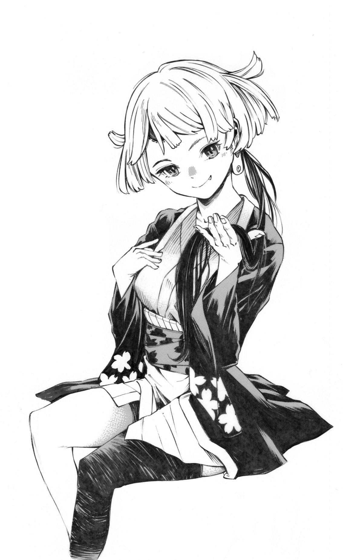 gagaimo, original, highres, 1girl, breasts, fang, greyscale, holding, holding own hair, japanese clothes, kimono, looking at viewer, low ponytail, monochrome, ponytail, short kimono, sitting, small breasts, smile, solo