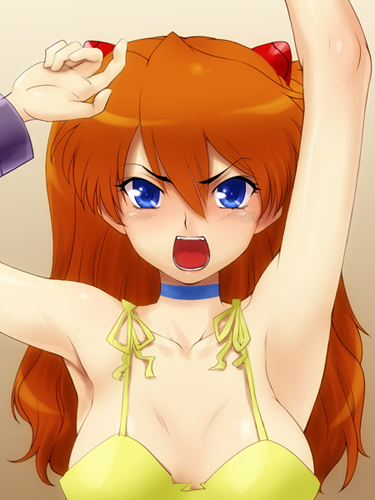 souryuu asuka langley, neon genesis evangelion, lowres, 1girl, arms up, blue eyes, choker, dress, female focus, open mouth, orange hair, solo, yellow dress