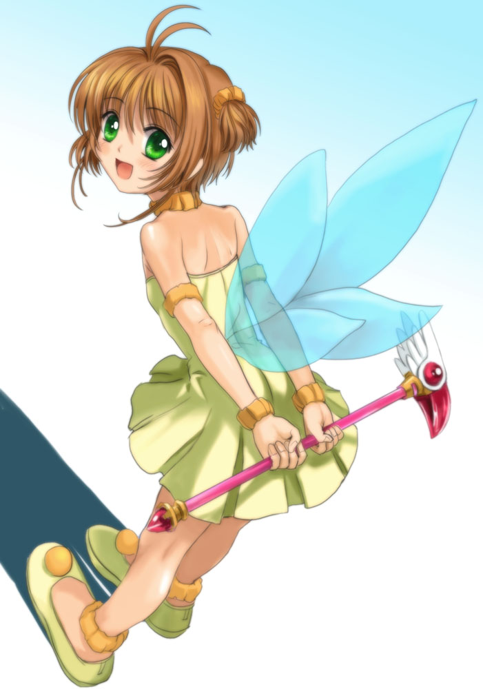mutsuki (moonknives), kinomoto sakura, kinomoto sakura (fairy), cardcaptor sakura, kodansha, 1990s (style), 1girl, child, fairy, female focus, full body, fuuin no tsue, magical girl, retro artstyle, solo, standing, wings