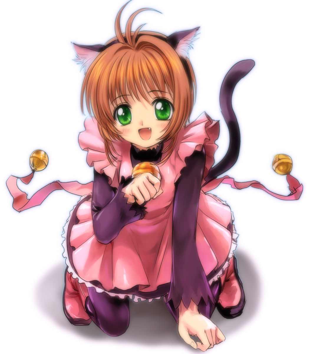 mutsuki (moonknives), kinomoto sakura, kinomoto sakura (kitty), cardcaptor sakura, kodansha, highres, 1990s (style), 1girl, animal ears, antenna hair, bell, boots, cat ears, cat tail, child, fang, female focus, full body, pink boots, retro artstyle, solo, tail, thighhighs