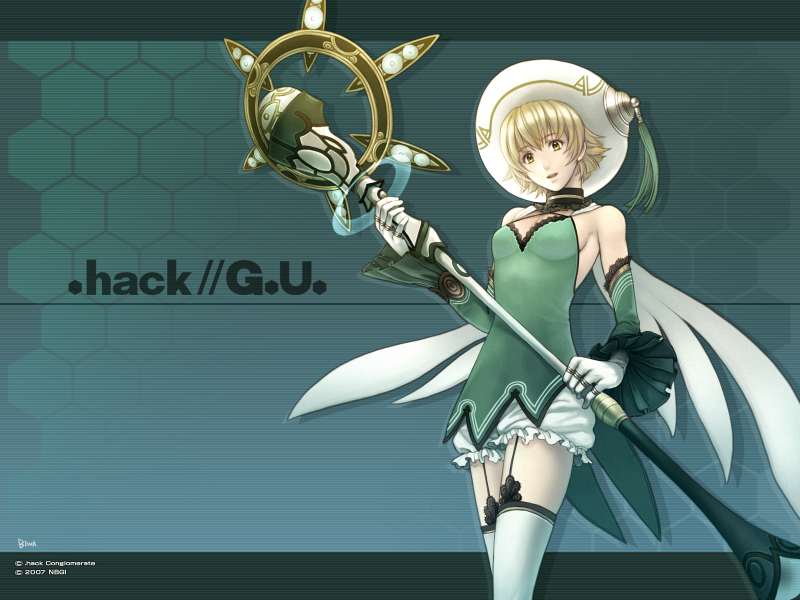 biwa, biwa (illustrator), atoli, atoli (.hack//), .hack//, .hack//g.u., bandai, cyber connect 2, official art, official wallpaper, 00s, 1girl, 2007, armpits, blonde hair, bloomers, cape, copyright name, female focus, flat chest, gloves, green background, green theme, hat, honeycomb (pattern), honeycomb background, honeycomb pattern, jewelry, ring, short hair, smile, solo, staff, tassel, thighhighs, underwear, white bloomers, white gloves, white hat, white thighhighs, yellow eyes, zettai ryouiki