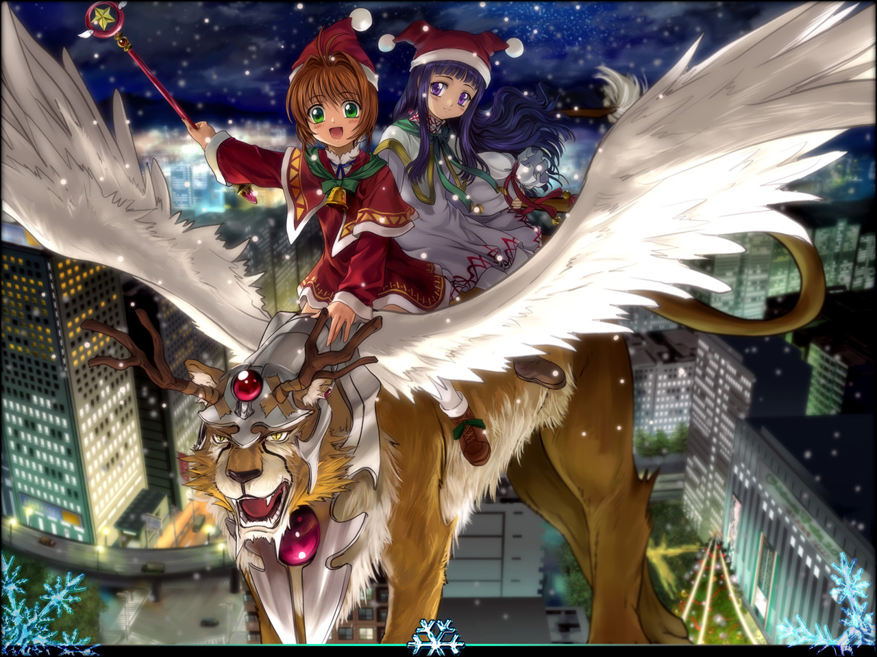 mutsuki (moonknives), daidouji tomoyo, kerberos, kero (cardcaptor sakura), kinomoto sakura, cardcaptor sakura, kodansha, 1990s (style), 2girls, antlers, child, christmas, flying, hat, horns, hoshi no tsue, magical girl, multiple girls, red hat, reindeer, retro artstyle, riding, wings