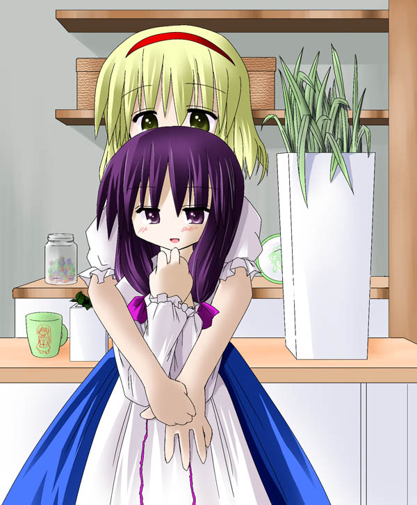 murabito, alice margatroid, patchouli knowledge, touhou, 2girls, blonde hair, blush, cup, female focus, hat, hug, mug, multiple girls, no headwear, purple eyes, purple hair
