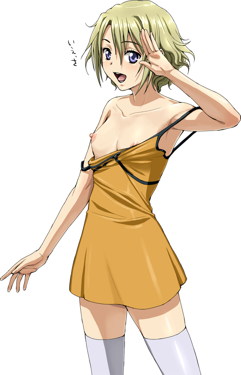 nigou, ellis, ellis (el cazador de la bruja), el cazador de la bruja, highres, 00s, 1girl, blonde hair, blue eyes, covered erect nipples, female focus, flat chest, looking at viewer, nipple slip, nipples, no bra, open mouth, salute, short hair, simple background, solo, standing, thighhighs, wardrobe malfunction, white background