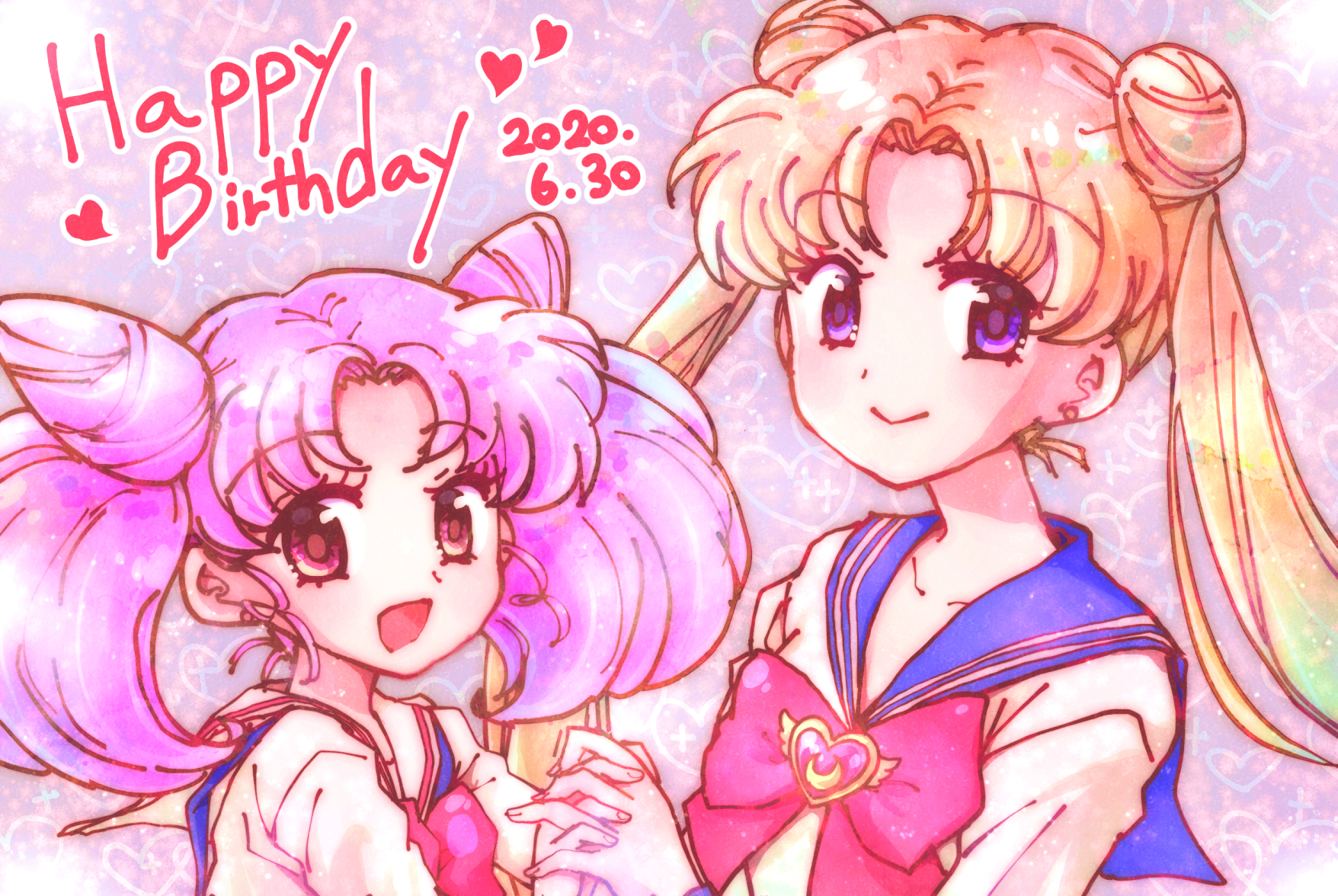 asaesaya, chibi usa, tsukino usagi, bishoujo senshi sailor moon, commentary, highres, 2girls, age difference, blonde hair, blue eyes, bow, bowtie, closed mouth, dated, happy birthday, heart, heart background, holding hands, long hair, looking at viewer, mother and daughter, multiple girls, open mouth, pink eyes, pink hair, school uniform, serafuku, smile, twintails, white serafuku