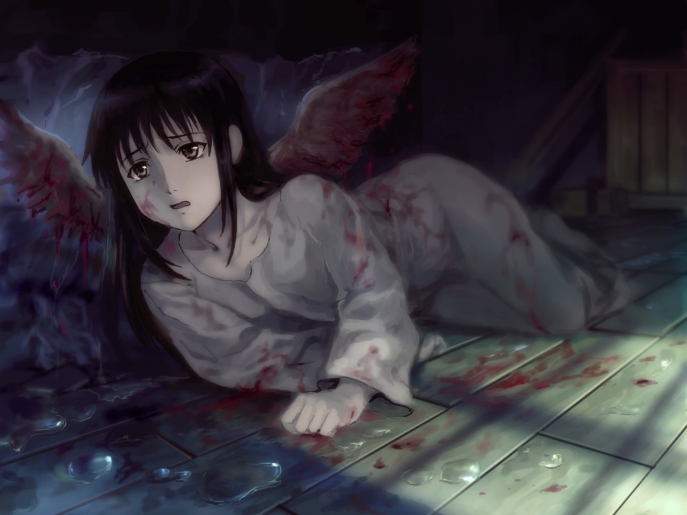 mutsuki (moonknives), reki (haibane), haibane renmei, radix, eyebrows, 00s, 1girl, black eyes, black hair, blood, blood on clothes, blood on face, feathered wings, female focus, floor, long hair, looking at viewer, lying, on floor, on side, sad, solo, wings, wooden floor