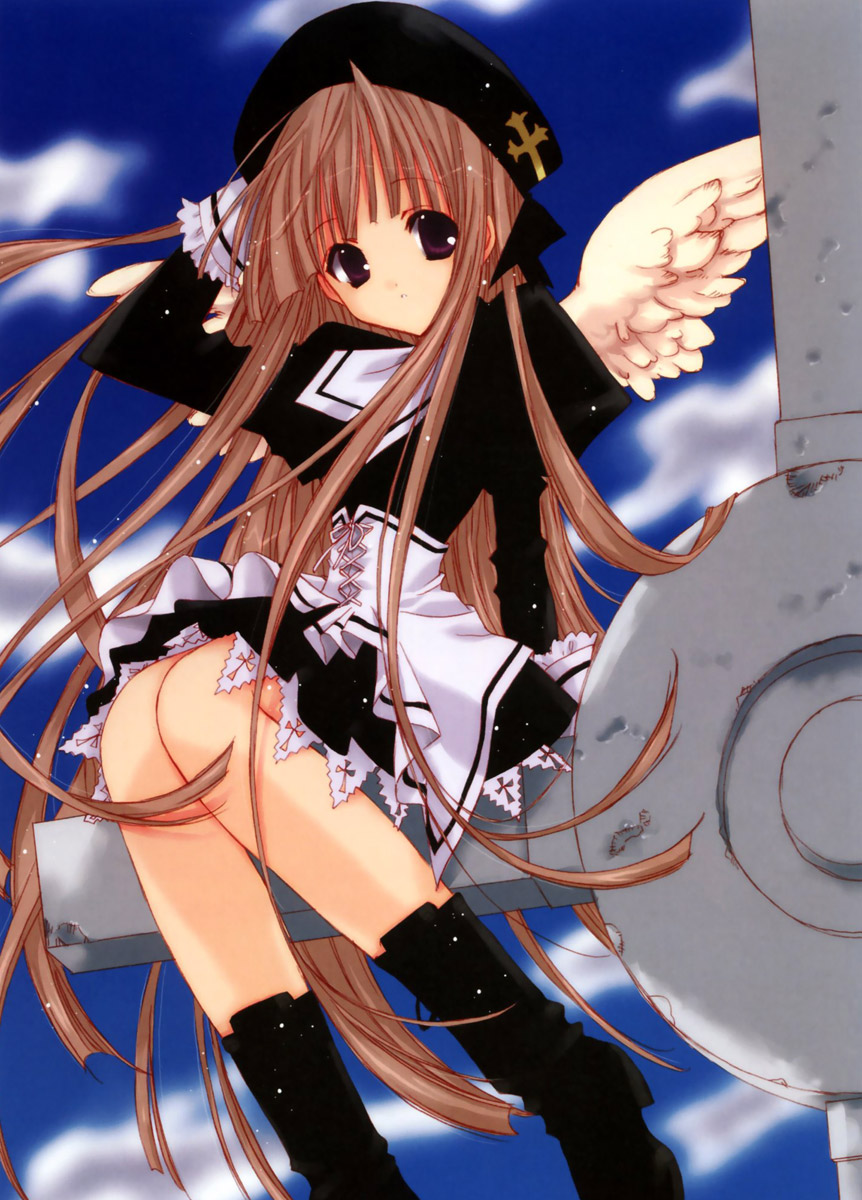 nanase aoi, aquarian age, seven colors of the wind, artbook, highres, 00s, 1girl, cloud, day, dress, female focus, hat, long hair, outdoors, sky, solo, wings