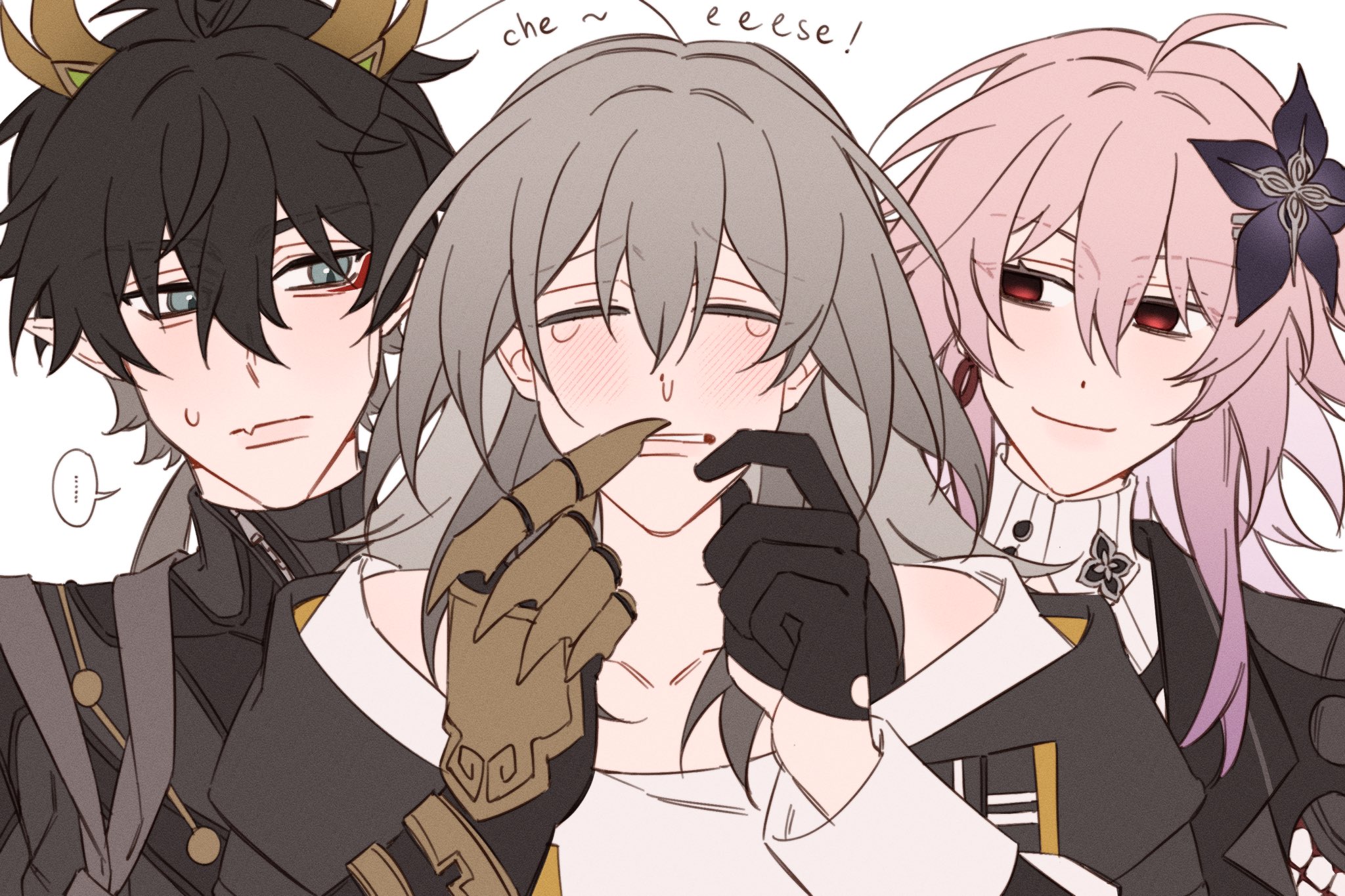 majunjuu, dan heng (honkai: star rail), dan heng (permansor terrae) (honkai: star rail), evernight (honkai: star rail), march 7th (honkai: star rail), stelle (honkai: star rail), trailblazer (honkai: star rail), honkai: star rail, honkai (series), commentary, english commentary, highres, …, 1boy, 2girls, ahoge, bare shoulders, black dress, black flower, black gloves, black hair, black jacket, black shirt, chinese clothes, closed eyes, closed mouth, collarbone, collared dress, constellation print, dragon boy, dragon horns, dress, earrings, empty eyes, english text, eyeliner, flower, flower ornament, gauntlets, gloves, green eyes, grey hair, hair between eyes, hair flower, hair ornament, hand on another's face, hand up, horns, jacket, jewelry, lips, long hair, long sleeves, looking at another, low ponytail, low twintails, makeup, multiple girls, off-shoulder shirt, off shoulder, official alternate costume, official alternate hairstyle, open clothes, open jacket, pink hair, ponytail, red eyeliner, red eyes, sad, shirt, sidelocks, simple background, single earring, smile, speech bubble, spoken ellipsis, sweatdrop, t-shirt, tearing up, teeth, twintails, two-sided fabric, two-sided jacket, two-tone dress, upper body, white background, white dress, white shirt, yellow jacket, zipper
