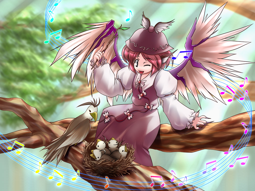 suematsu jerry, mystia lorelei, touhou, 1girl, animal ears, baby animal, beamed quavers, bird, brown eyes, chick, dress, female focus, fingernails, hat, in nest, in tree, long fingernails, music, musical note, musical staff, nail polish, nest, one eye closed, pink hair, purple nails, quaver, short hair, sitting, sitting in tree, smile, solo, stick, tree, wings