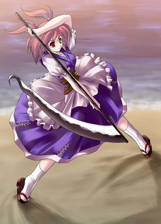 suematsu jerry, onozuka komachi, touhou, 1girl, beach, blue skirt, female focus, full body, hair bobbles, hair ornament, okobo, platform sandals, puffy short sleeves, puffy sleeves, red eyes, red hair, sandals, sash, scythe, short hair, short sleeves, skirt, socks, solo, tabi, twintails, two side up, water, white socks