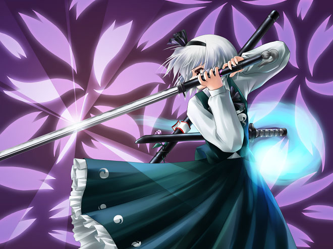 suematsu jerry, konpaku youmu, konpaku youmu (ghost), touhou, 1girl, aqua vest, female focus, hitodama, katana, solo, sword, vest, weapon