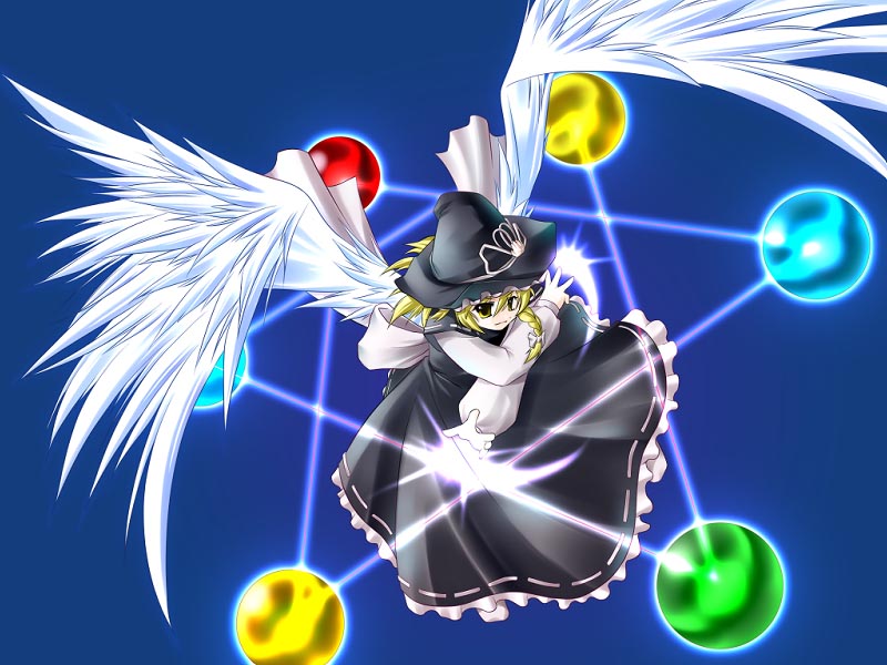 suematsu jerry, kirisame marisa, kirisame marisa (seihou), seihou, shuusou gyoku, touhou, 1girl, angel wings, black dress, black hat, blonde hair, blue background, bow, braid, dress, female focus, frilled dress, frills, gem, hat, hat ribbon, hexagram, long sleeves, orb, puffy long sleeves, puffy sleeves, ribbon, sash, short hair, solo, white bow, white ribbon, white sleeves, wings, witch hat, yellow eyes