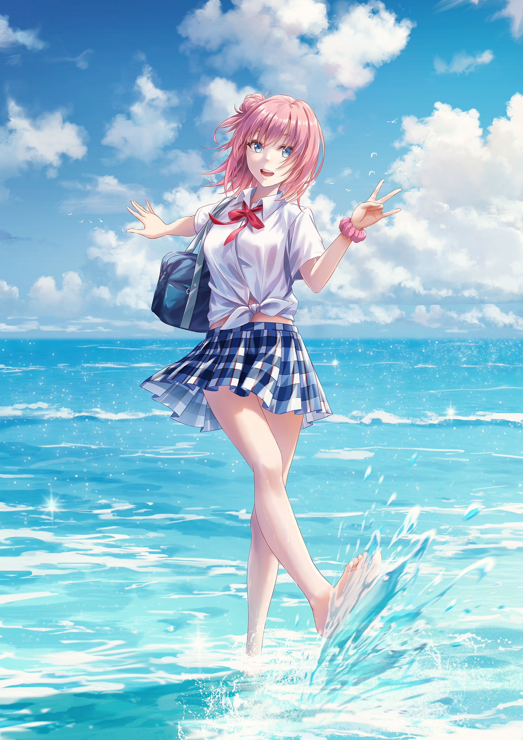 redpoke, yuigahama yui, yahari ore no seishun lovecome wa machigatteiru., absurdres, commentary, english commentary, highres, 1girl, bag, barefoot, blue bag, blue eyes, cloud, cloudy sky, collared shirt, day, full body, hair bun, hands up, holding, holding bag, horizon, kicking, legs, looking at viewer, miniskirt, neck ribbon, ocean, open mouth, outdoors, pink hair, pink scrunchie, plaid clothes, plaid skirt, pleated skirt, red ribbon, ribbon, school bag, school uniform, scrunchie, shirt, short hair, short sleeves, single hair bun, single side bun, skirt, sky, sobu high school uniform, solo, splashing, summer uniform, thighs, tied shirt, toes, wading, white shirt, wrist scrunchie