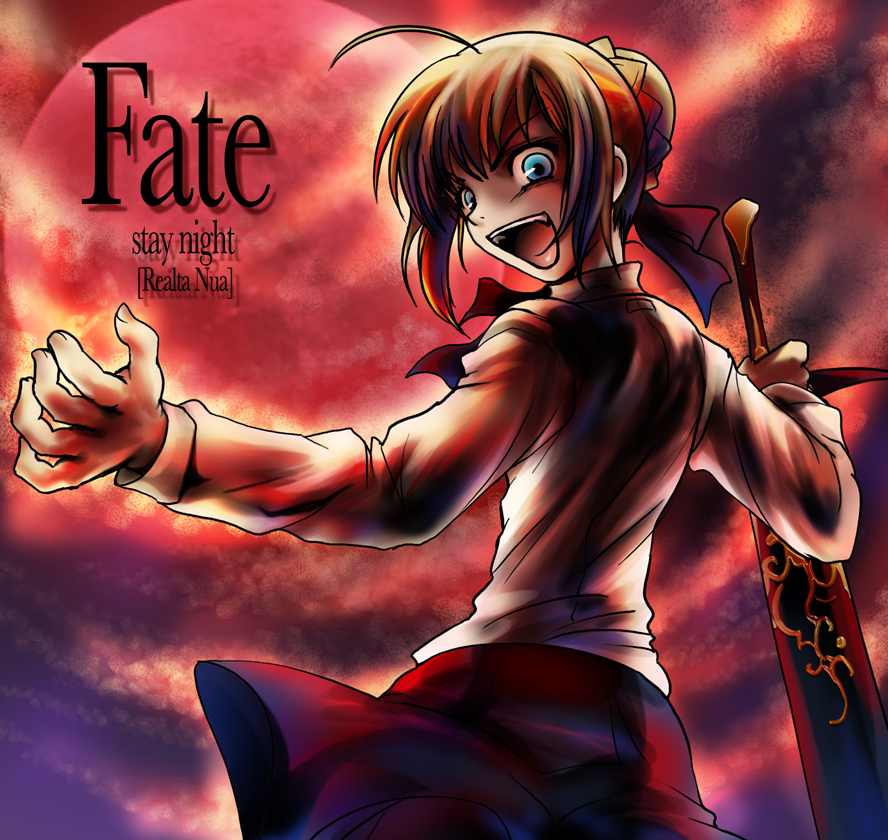namamo nanase, artoria pendragon (fate), saber (fate), fate/stay night, fate (series), higurashi no naku koro ni, 1girl, ahoge, blonde hair, blue eyes, casual, crazy, dress, female focus, full moon, looking back, moon, parody, red moon, red theme, solo, sword, weapon