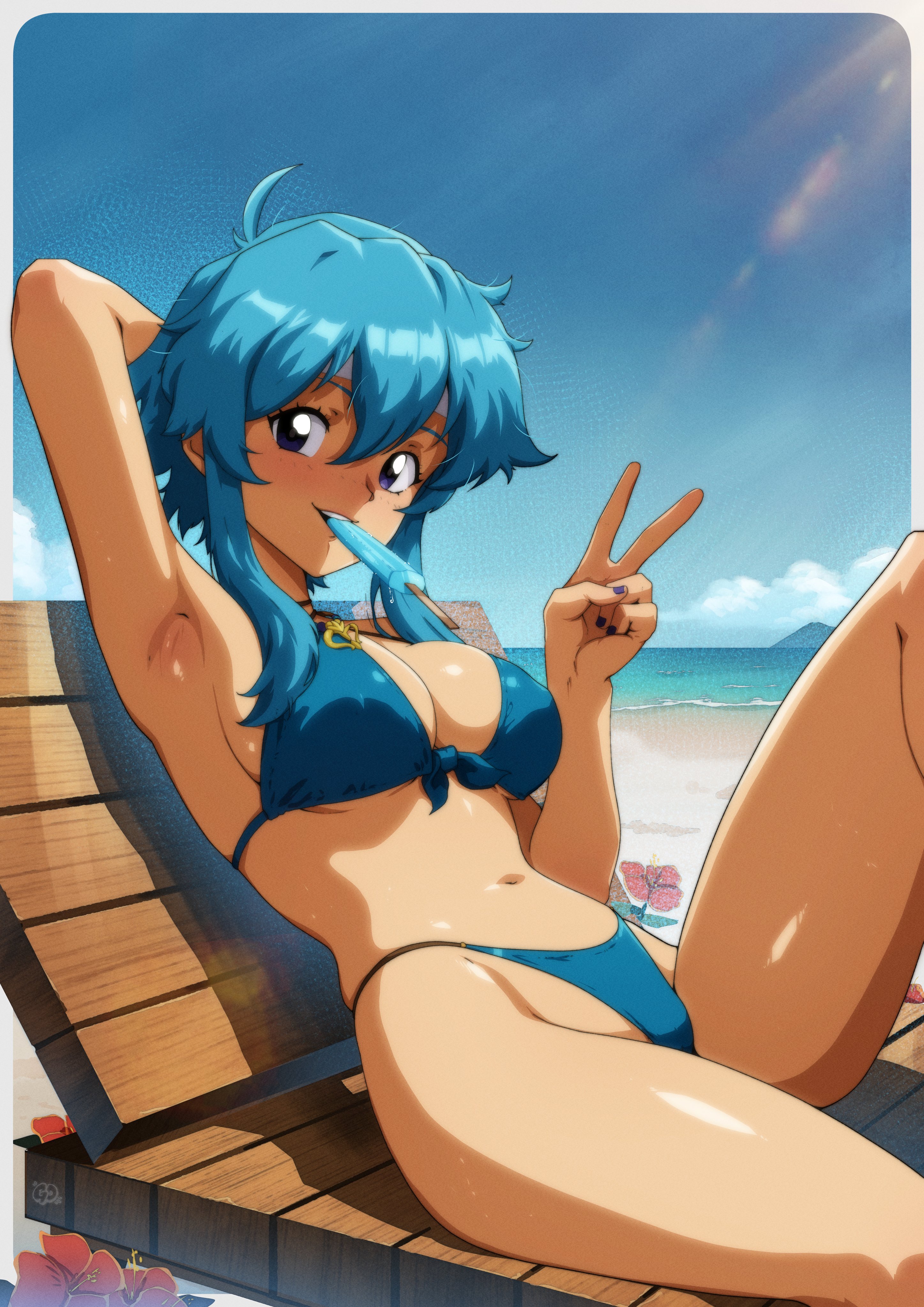 gravydood, selia (mrtalkingdino), fire emblem, fire emblem: genealogy of the holy war, nintendo, original, absurdres, commission, commissioner upload, highres, 1girl, ahoge, arm behind head, armpits, bare legs, beach, bikini, blue bikini, blue hair, blue sky, blush, breasts, chair, cleavage, cloud, flower, food, food in mouth, front-tie bikini top, front-tie top, grin, hair between eyes, headband, highleg, highleg bikini, holding, if they mated, jewelry, looking at viewer, lounge chair, lying, medium breasts, melting, melting popsicle, mouth hold, nail polish, navel, necklace, ocean, on back, open mouth, outdoors, popsicle, popsicle in mouth, purple eyes, purple nails, sand, shore, short hair, sideboob, sidelocks, skindentation, sky, smile, solo, stomach, string bikini, swimsuit, thighs, tomboy, underboob, v, water, white headband