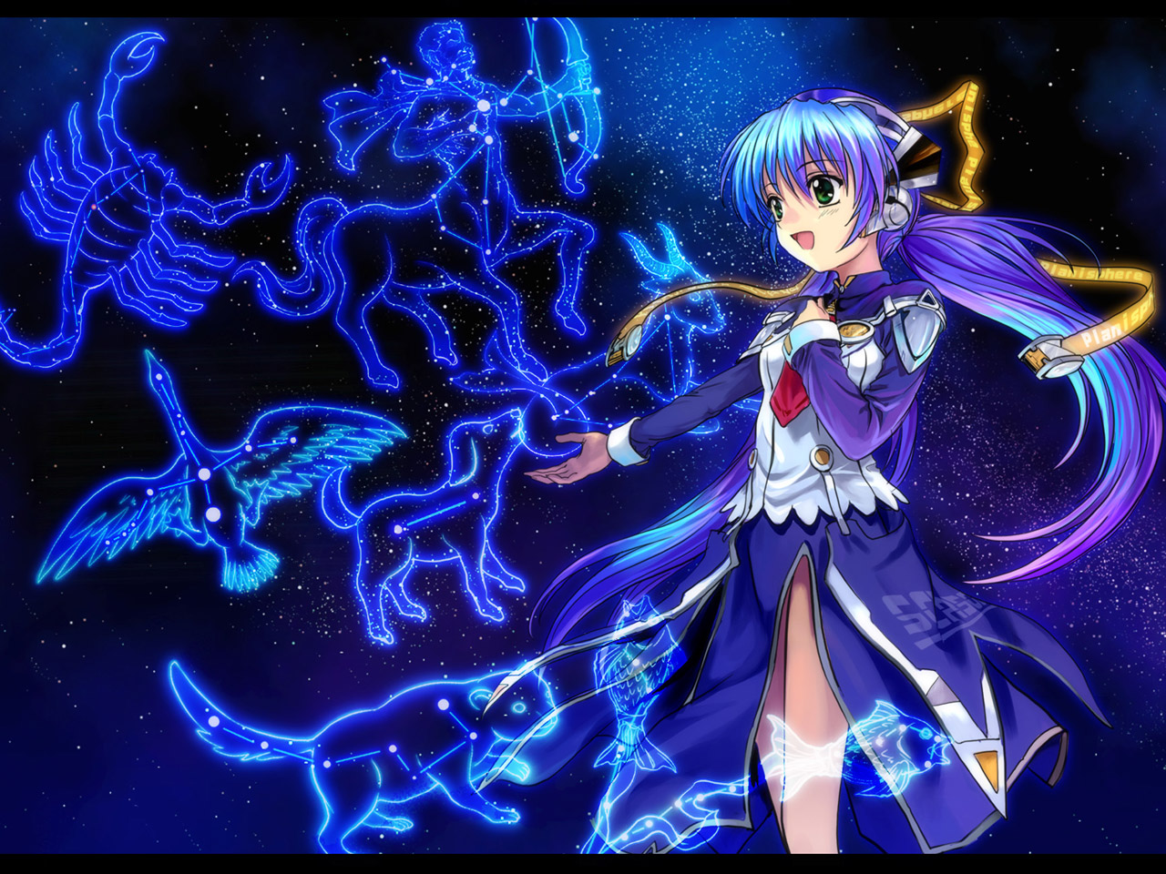 mutsuki (moonknives), hoshino yumemi, key (company), planetarian, 00s, 1girl, blue hair, capricorn (constellation), constellation, female focus, green eyes, open mouth, pisces (constellation), sagittarius (constellation), scorpius (constellation), sky, solo, star (symbol)