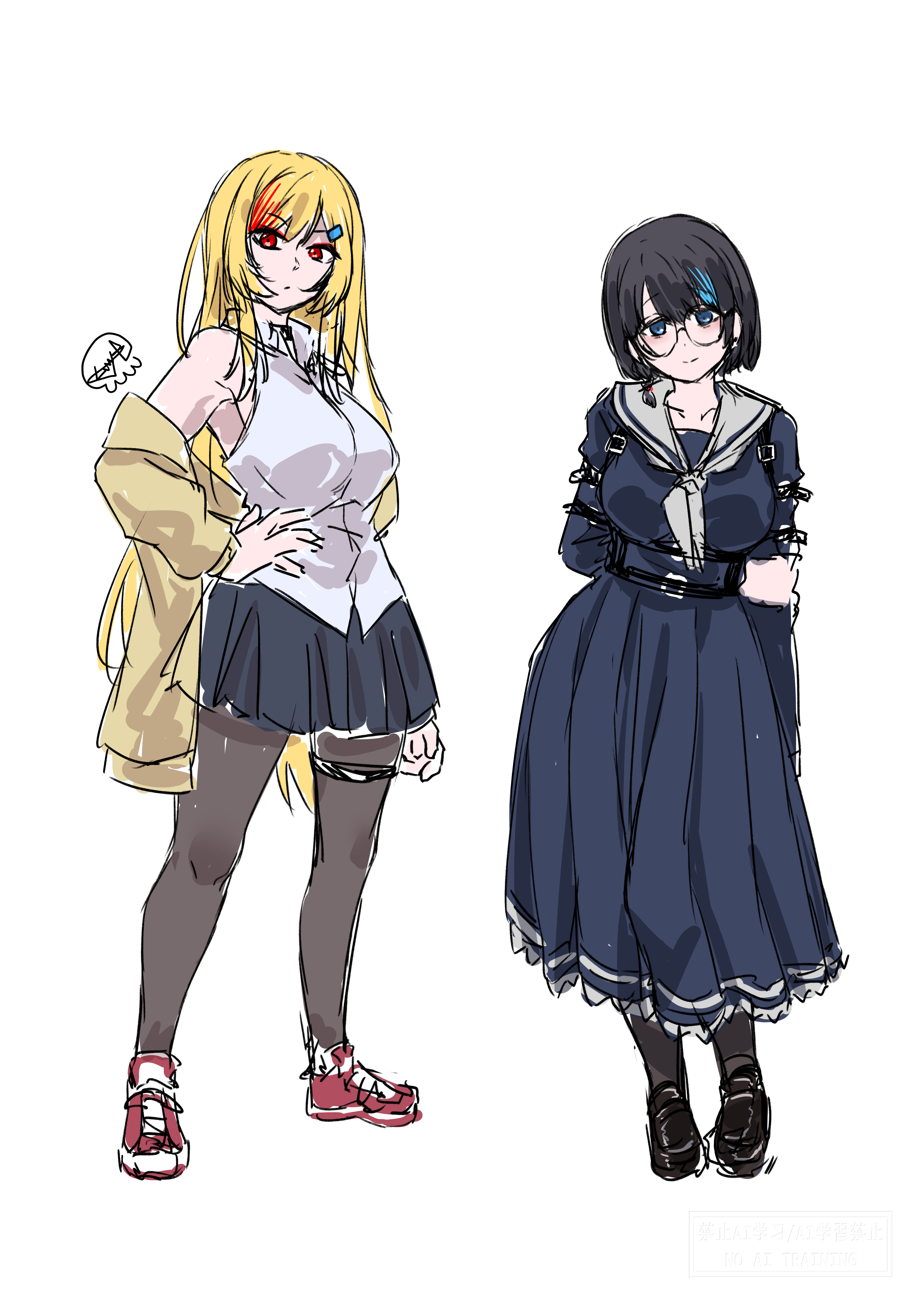 mutsuki (mutsuki0110), original, absurdres, commentary, highres, 2girls, arm behind back, black hair, black pantyhose, black shoes, blonde hair, blue eyes, blue serafuku, blue shirt, blue skirt, blue streaks, breasts, brown cardigan, cardigan, corset, dress shirt, glasses, grey neckerchief, grey sailor collar, hand on own hip, holding own arm, large breasts, loafers, long hair, long sleeves, multiple girls, neckerchief, open cardigan, open clothes, pantyhose, pleated skirt, red shoes, red streaks, sailor collar, school uniform, serafuku, shirt, shoes, short hair, simple background, skirt, thigh strap, white background, white shirt