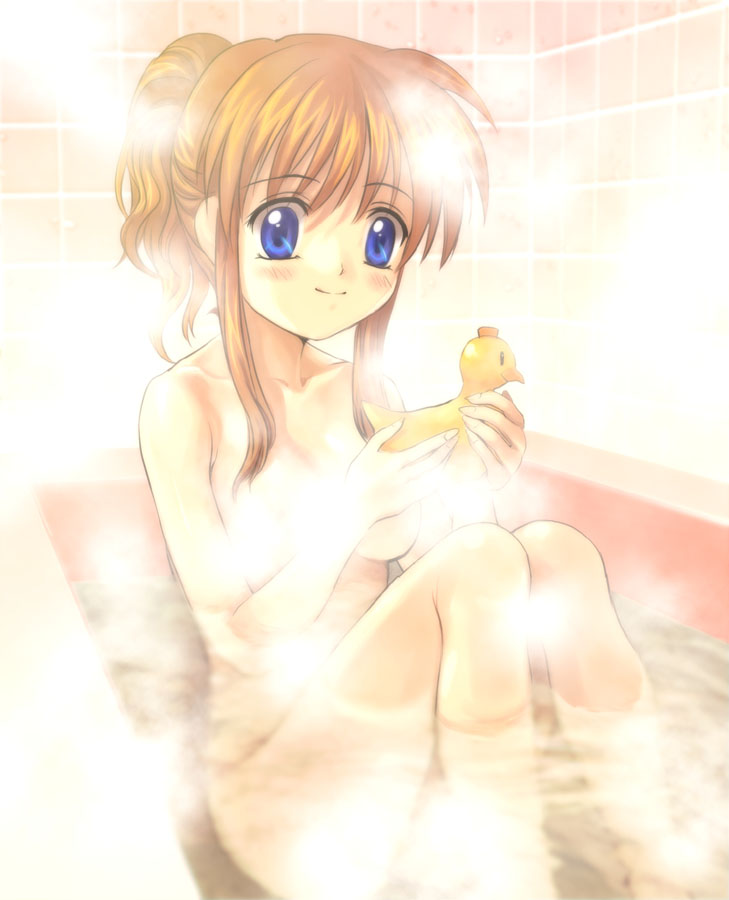 mutsuki (moonknives), sawatari makoto, kanon, key (company), 1girl, bath, bath toy, bathing, bathroom, bathtub, blonde hair, blue eyes, blush, breasts, female focus, nude, rubber duck, small breasts, solo, tile wall, tiles