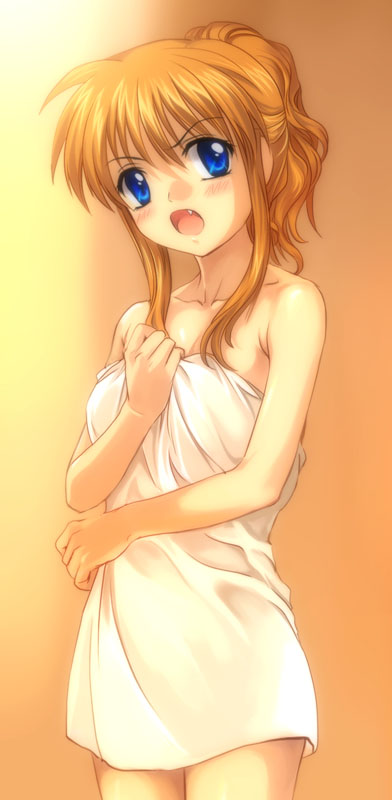 mutsuki (moonknives), sawatari makoto, kanon, key (company), blue eyes, fang, naked towel, orange hair, solo, towel