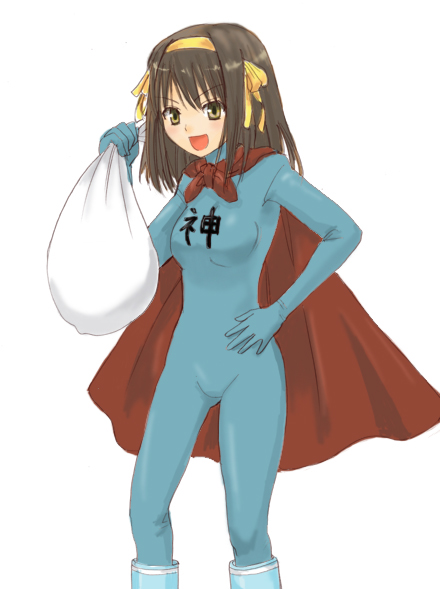 yuutarou, suzumiya haruhi, suzumiya haruhi no yuuutsu, 00s, bodysuit, brown hair, cape, hand on own hip, short hair, solo, what