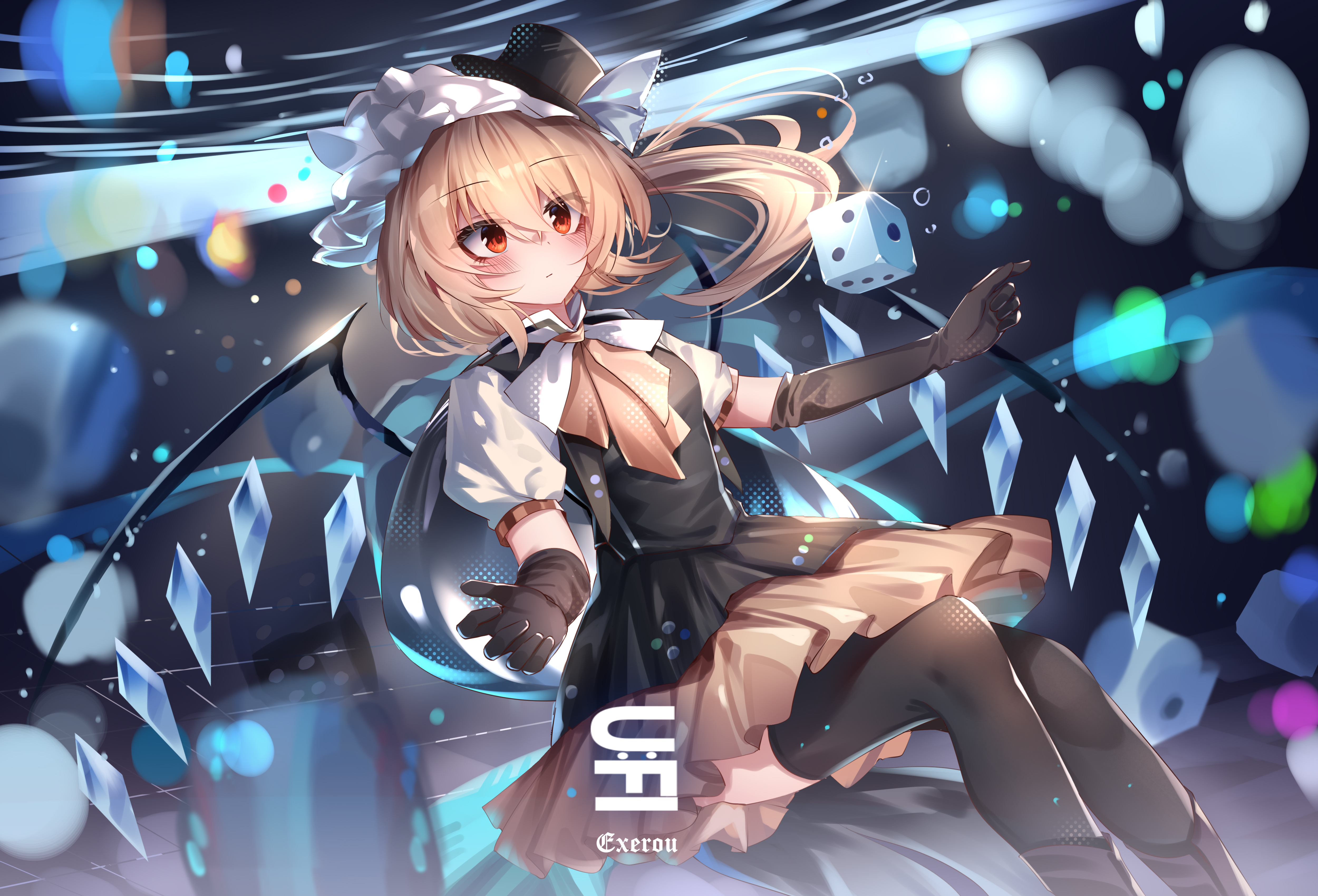 top-exerou, flandre scarlet, maimai (game), touhou, absurdres, commentary, highres, 1girl, alternate costume, alternate headwear, artist name, black gloves, black hat, black pantyhose, black vest, blonde hair, blush, boots, closed mouth, crystal, crystal wings, dice, gloves, hat, one side up, orange skirt, pantyhose, puffy short sleeves, puffy sleeves, red eyes, short sleeves, skirt, solo, top hat, vest, wings