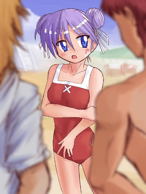 kanakana, hiiragi kagami, lucky star, 00s, alternate hairstyle, beach, blue eyes, blush, collarbone, covering privates, day, double bun, hair ribbon, nervous, one-piece swimsuit, open mouth, purple hair, ribbon, solo, sweat, swimsuit, tsurime
