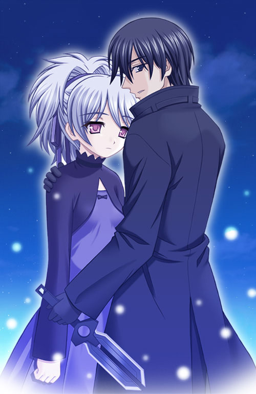 shiumai, hei (darker than black), yin (darker than black), darker than black, silver hair, 00s, 1boy, 1girl, black eyes, black gloves, black hair, black jacket, coat, dress, gloves, hair ribbon, jacket, knife, long sleeves, night, ponytail, purple dress, purple eyes, purple ribbon, ribbon, sky, snow, standing, star (symbol), trench coat, weapon