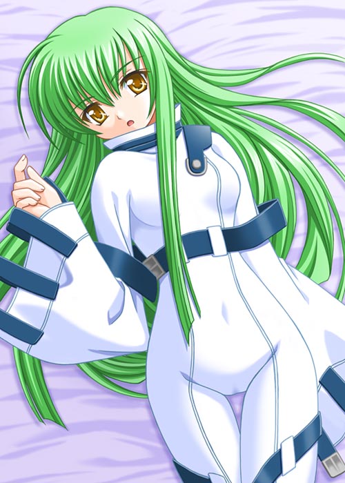 c.c., code geass, 00s, 1girl, bodysuit, female focus, green hair, solo, straitjacket