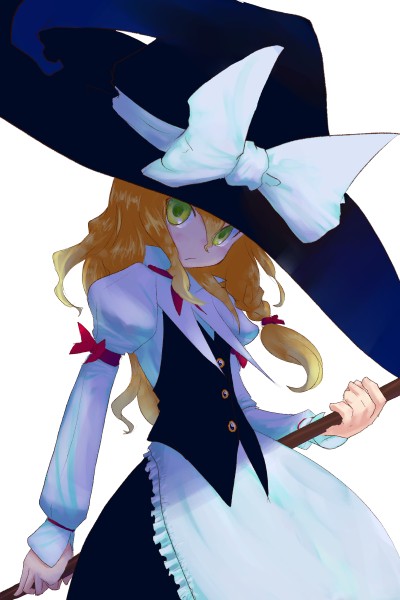 daizan (mount position), kirisame marisa, touhou, 1girl, apron, arm at side, armband, black hat, black skirt, black vest, blonde hair, bow, braid, buttons, closed mouth, female focus, frilled apron, frills, frown, green eyes, hair bow, hat, hat bow, hat ribbon, holding, juliet sleeves, long hair, long sleeves, maid, maid apron, neck ribbon, puffy long sleeves, puffy sleeves, red bow, red ribbon, ribbon, shirt, simple background, skirt, solo, upper body, vest, waist apron, white apron, white background, white bow, white ribbon, white shirt, witch hat