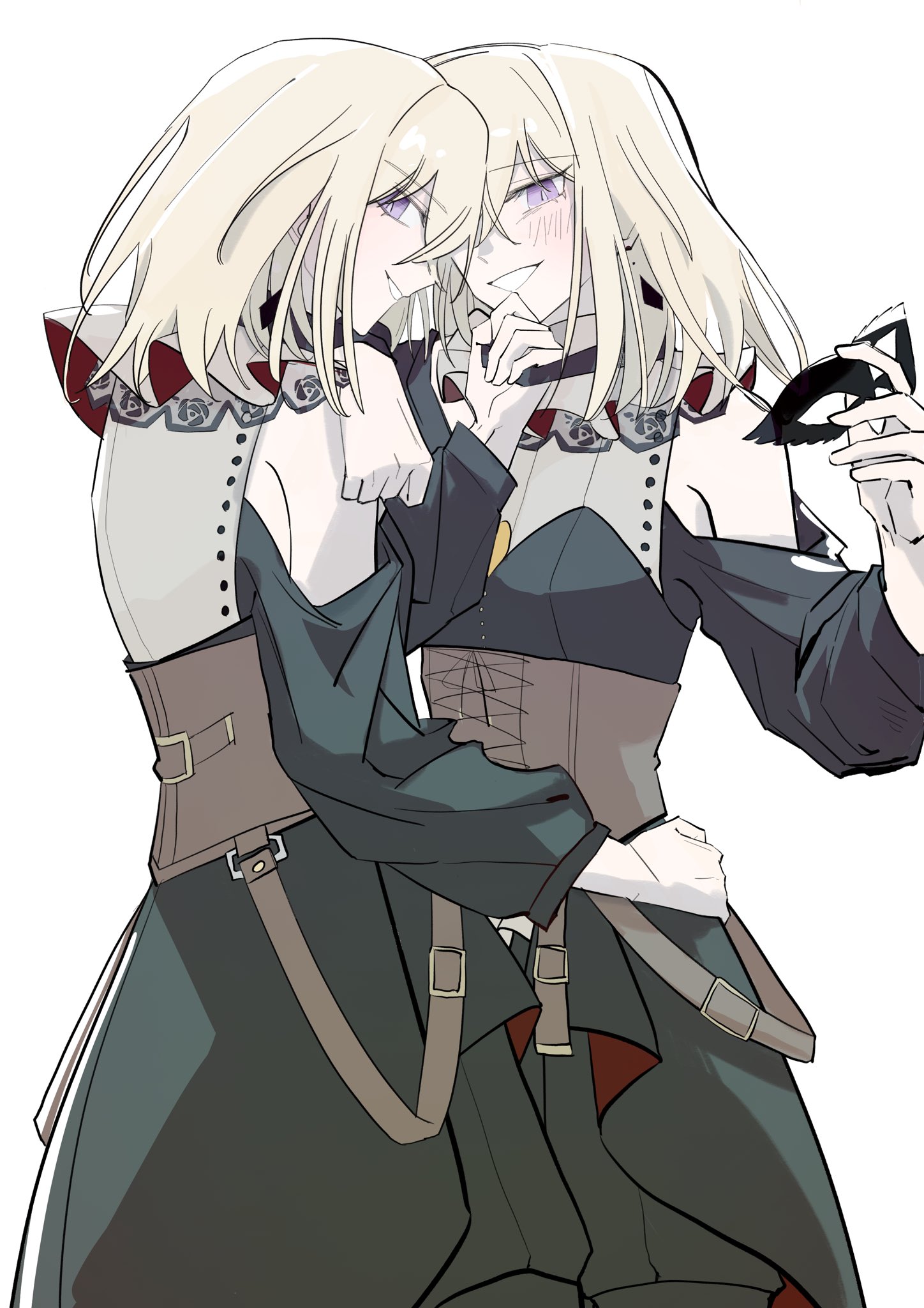 kira reader, doloris (bang dream!), misumi uika, bang dream!, bang dream! it's mygo!!!!!, commentary, highres, spoilers, 2girls, black choker, black dress, black mask, blonde hair, blush, brown corset, choker, choker pull, corset, dress, dual persona, hair between eyes, hand on another's hip, holding, holding mask, long sleeves, mask, masquerade mask, multiple girls, open mouth, purple eyes, selfcest, simple background, white background
