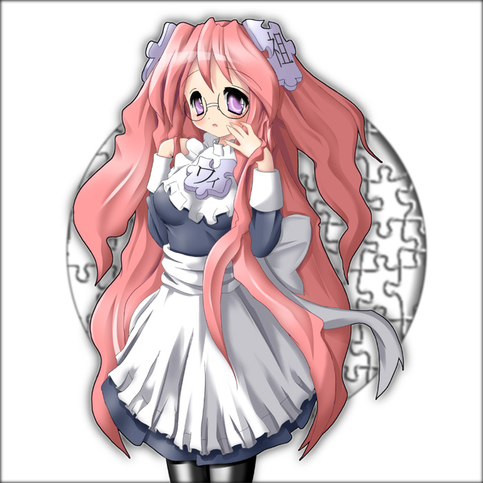 kichikuouji, takara miyuki, wikipe-tan, lucky star, wikipedia, 00s, 1girl, apron, asymmetrical bangs, breasts, chinese text, crossover, female focus, glasses, japanese text, large breasts, long hair, maid, open mouth, pink hair, purple eyes, ribbon-trimmed apron, ribbon trim, semi-rimless eyewear, solo, twintails, very long hair, waist apron, wavy hair, white background