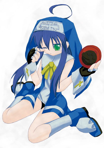 hexa, bridget (guilty gear), izumi konata, arc system works, guilty gear, lucky star, 00s, 1boy, ahegao, crossover, full body, green eyes, male focus, simple background, sitting, solo, trap, wariza, white background