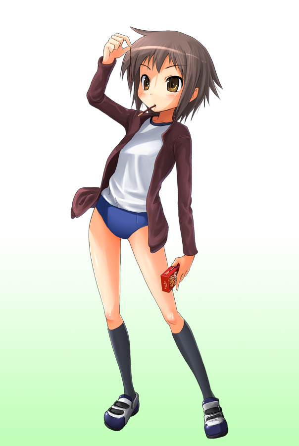 patorishia, patricia (stylish marunage), nagato yuki, suzumiya haruhi no yuuutsu, 00s, 1girl, buruma, female focus, food, gym uniform, kneehighs, pocky, socks, solo