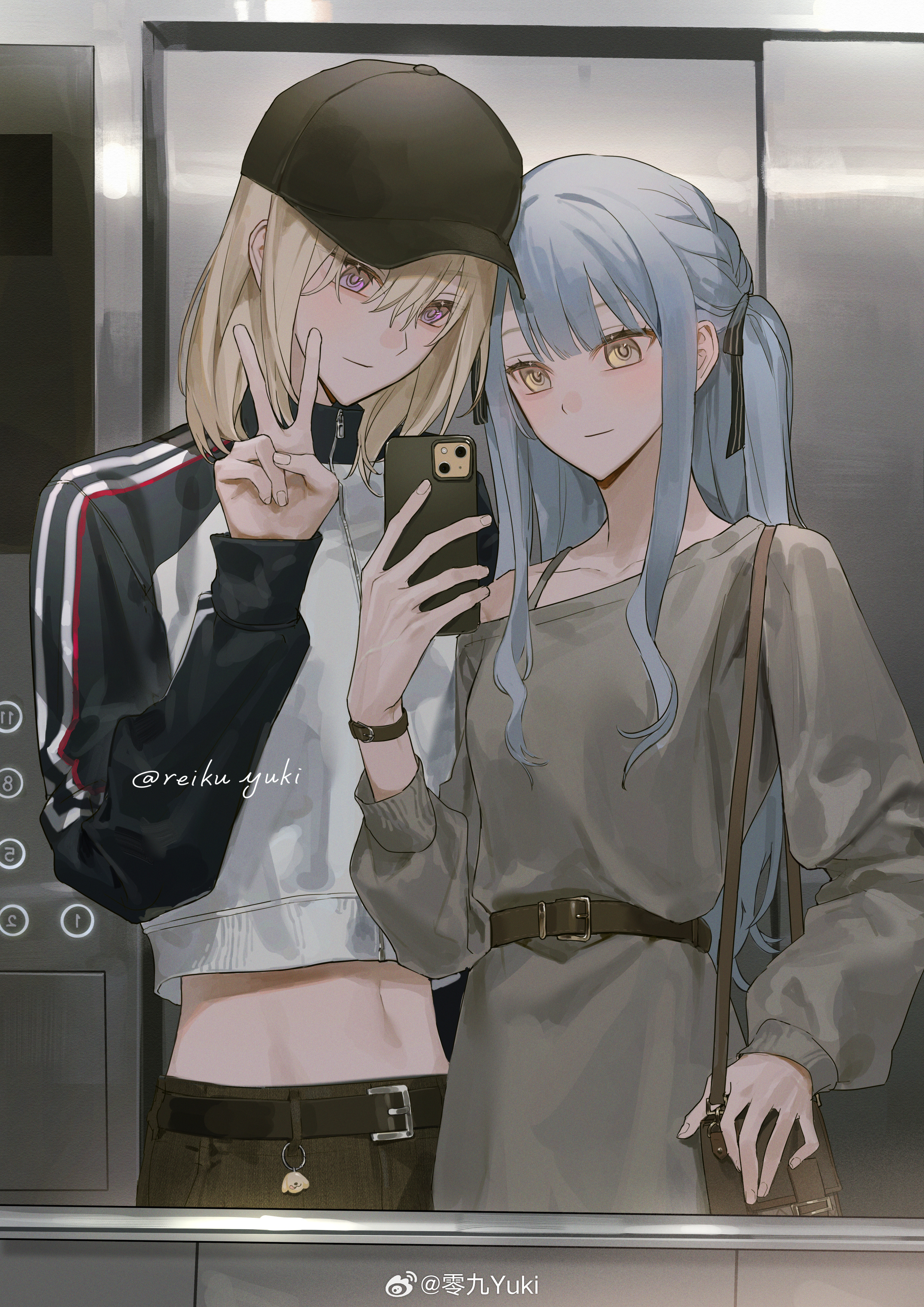 lingjiu yuki, misumi uika, togawa sakiko, bang dream!, bang dream! it's mygo!!!!!, absurdres, commentary, highres, symbol-only commentary, 2girls, bag, baseball cap, belt, black belt, black hat, blonde hair, blue hair, bracelet, brown bag, cellphone, character charm, charm (object), closed mouth, crop top, dress, elevator, grey dress, hair between eyes, hat, holding, holding phone, jewelry, long hair, long sleeves, medium hair, midriff, mirror selfie, multicolored hair, multiple girls, navel, phone, purple eyes, selfie, shoulder bag, sidelocks, single off shoulder, smartphone, two-tone hair, v