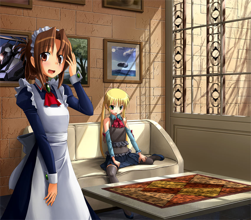 patorishia, patricia (stylish marunage), maria (hayate no gotoku!), sanzen'in nagi, hayate no gotoku!, 00s, 2girls, couch, folded ponytail, maid, multiple girls, sunlight, window