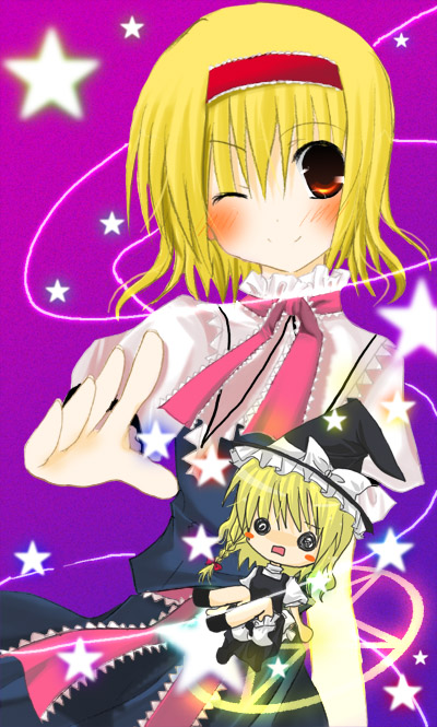 alice margatroid, kirisame marisa, touhou, 1girl, blonde hair, dress, female focus, gradient background, hat, one eye closed, solo, star (symbol), wink