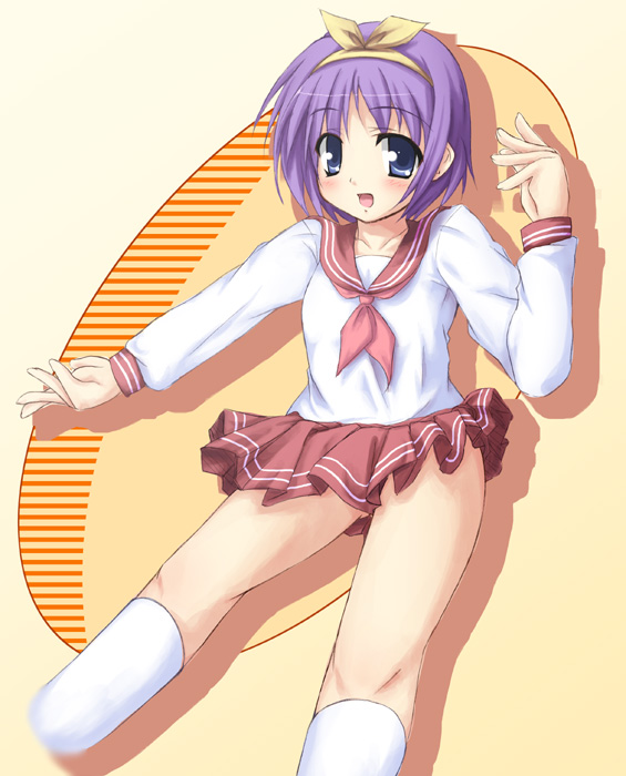 tekehiro, hiiragi tsukasa, lucky star, 00s, 1girl, :d, blush, female focus, kneehighs, long sleeves, miniskirt, open mouth, pink eyes, pink hair, sailor collar, school uniform, serafuku, shirt, short hair, simple background, sitting, skirt, smile, socks, solo, tareme, white shirt, white socks, yellow background